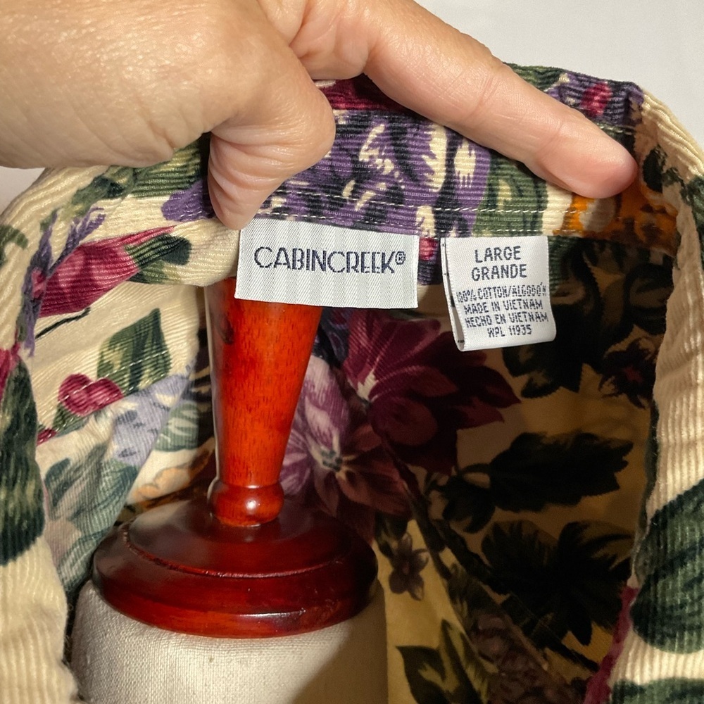 Cabincreek Cream Vintage Corduroy Floral Long Sleeve Collar Button Up Top Large - Picture 5 of 6